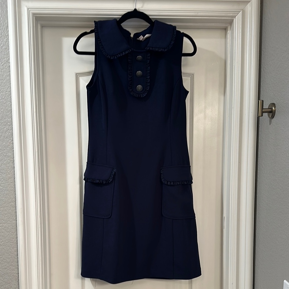 Elegant Nanette Laporte Navy Light Knit Sleeveless with Ruffled Pocket Size 8